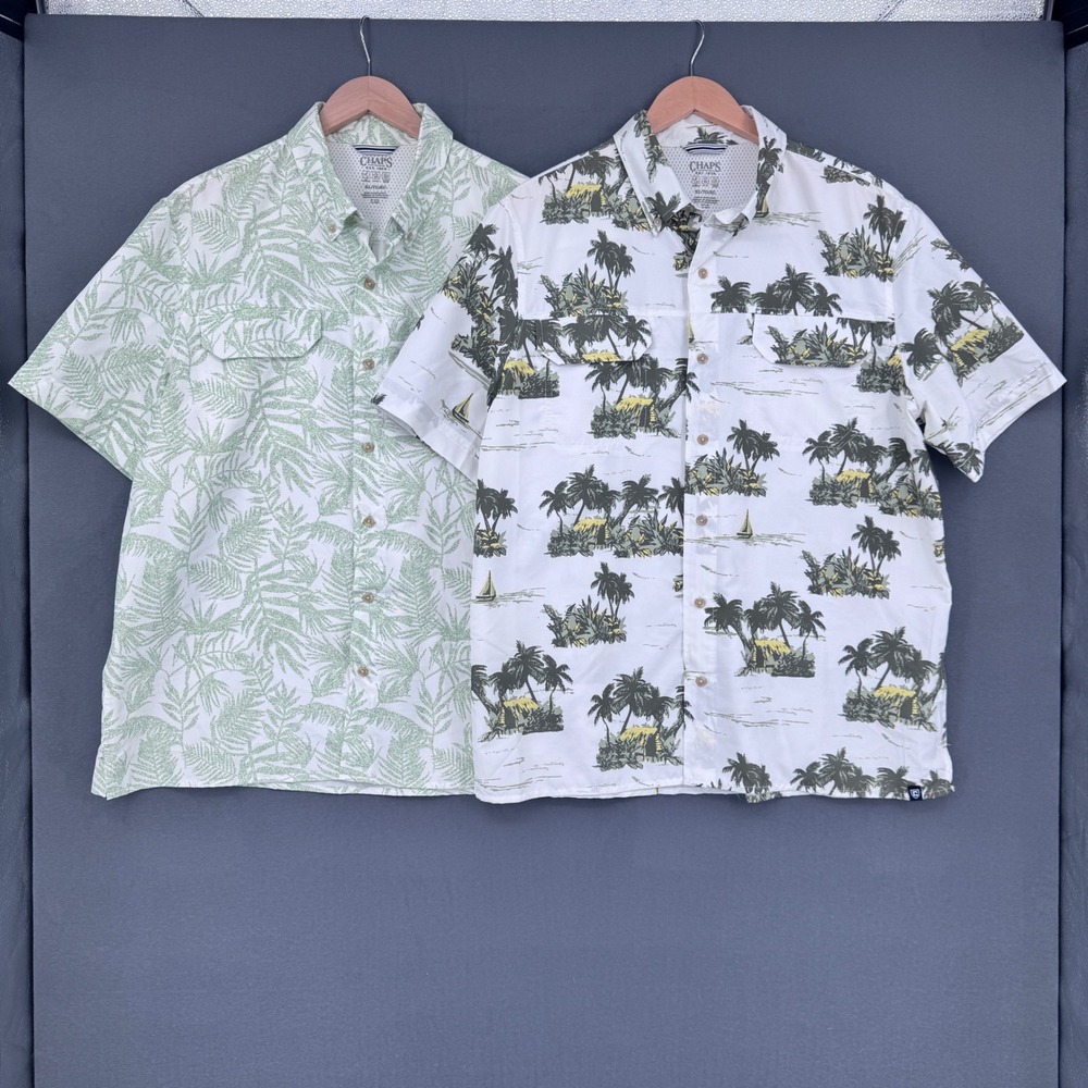 Chaps Performance Fishing Shirt Lot 2 XL Green White Tropical Palm Leaf Summer